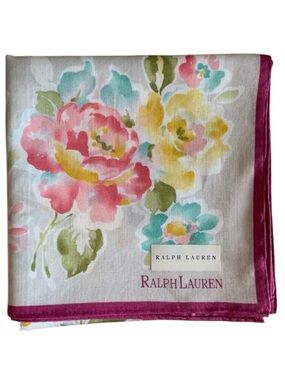 Vintage Ralph Lauren Floral Handkerchief Cotton Pocket Square 22.5” Unused Grey